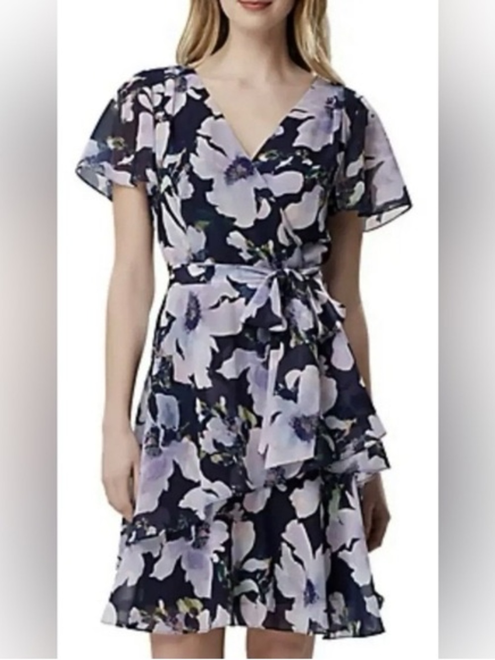 Women's Navy Floral Wrap Midi Dress with Lilac Blooms